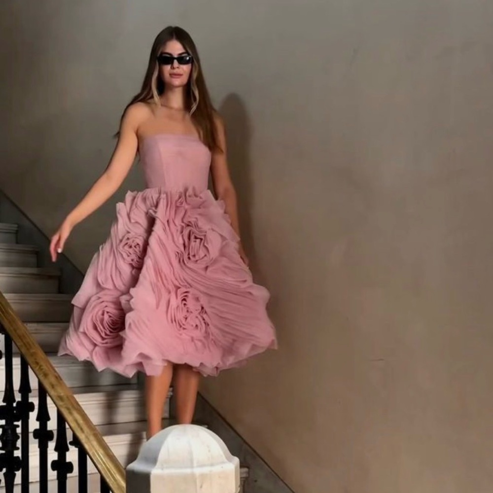 Elegant Pink Strapless Midi Dress